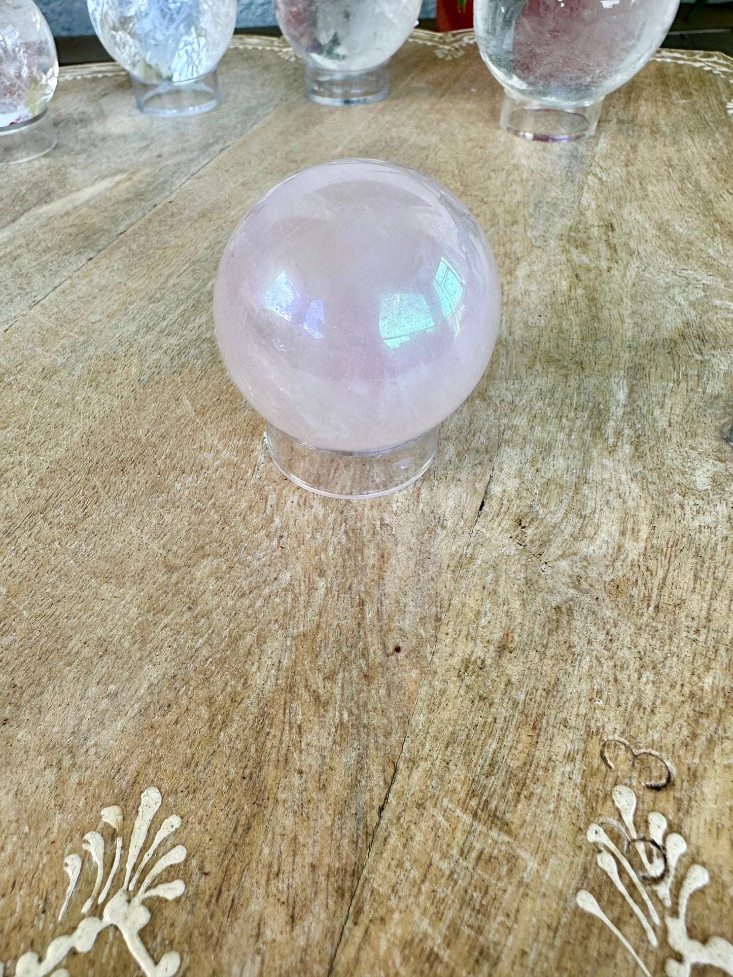 Dazzling Aura Coated Rose Quartz Sphere 44.9mm - A Mesmerizing Blend of Love and Healing Energy for Home or Office Decor