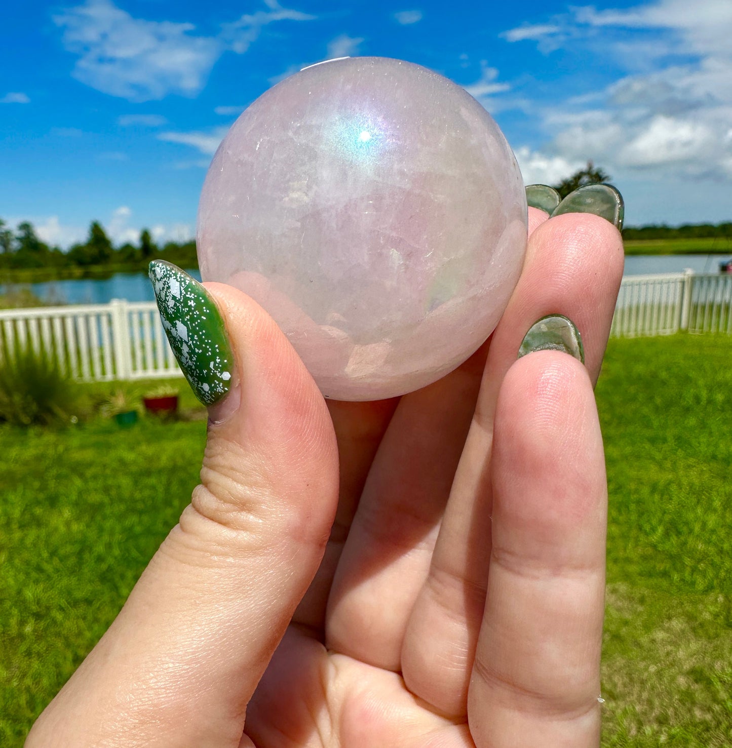 Dazzling Aura Coated Rose Quartz Sphere 44.9mm - A Mesmerizing Blend of Love and Healing Energy for Home or Office Decor