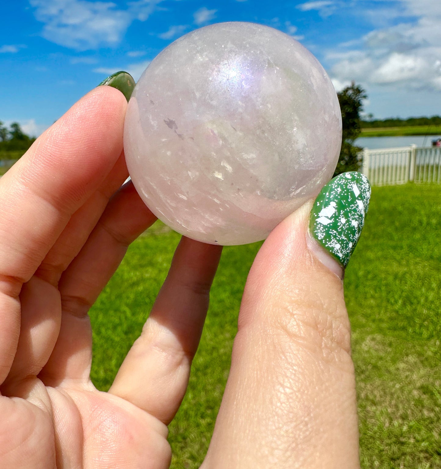 Dazzling Aura Coated Rose Quartz Sphere 44.9mm - A Mesmerizing Blend of Love and Healing Energy for Home or Office Decor