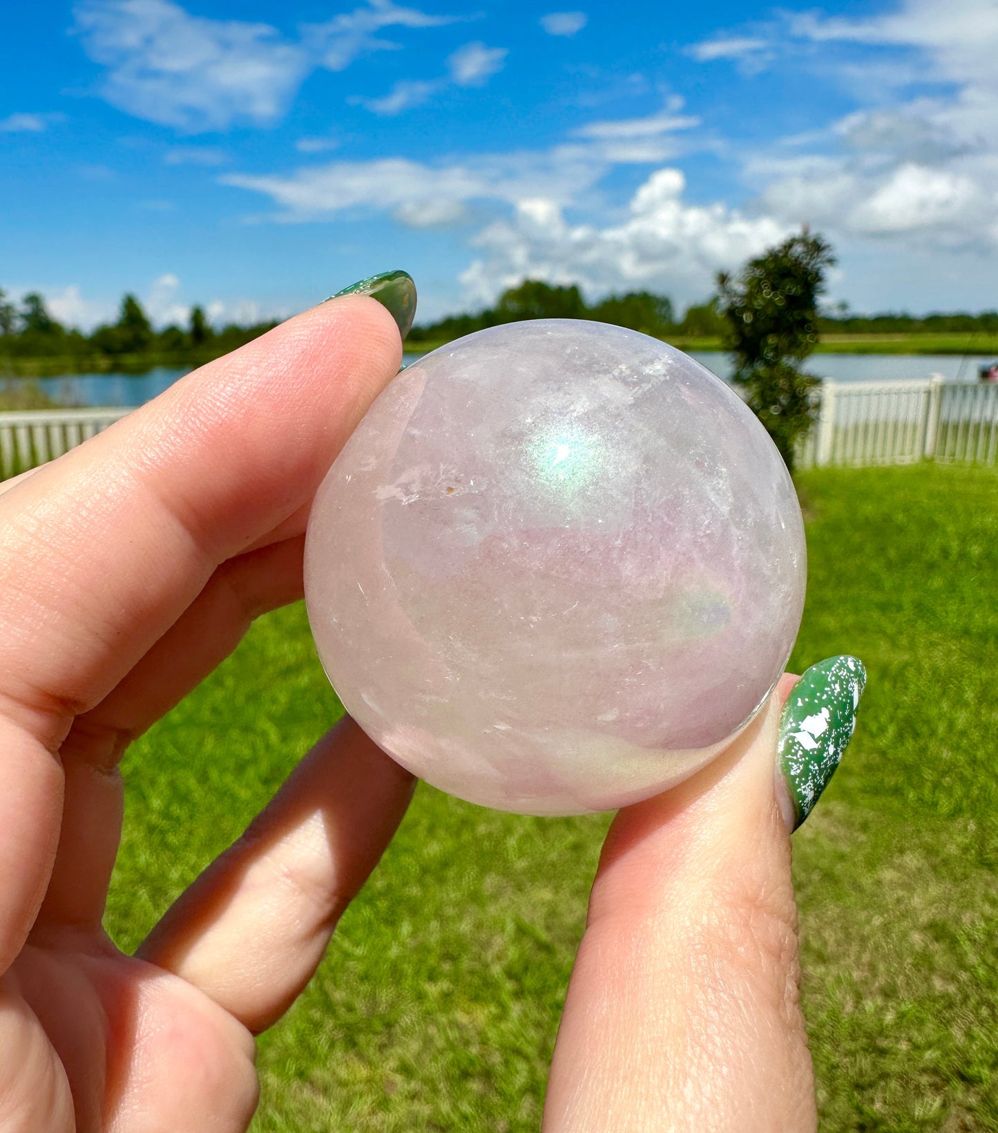 Dazzling Aura Coated Rose Quartz Sphere 44.9mm - A Mesmerizing Blend of Love and Healing Energy for Home or Office Decor