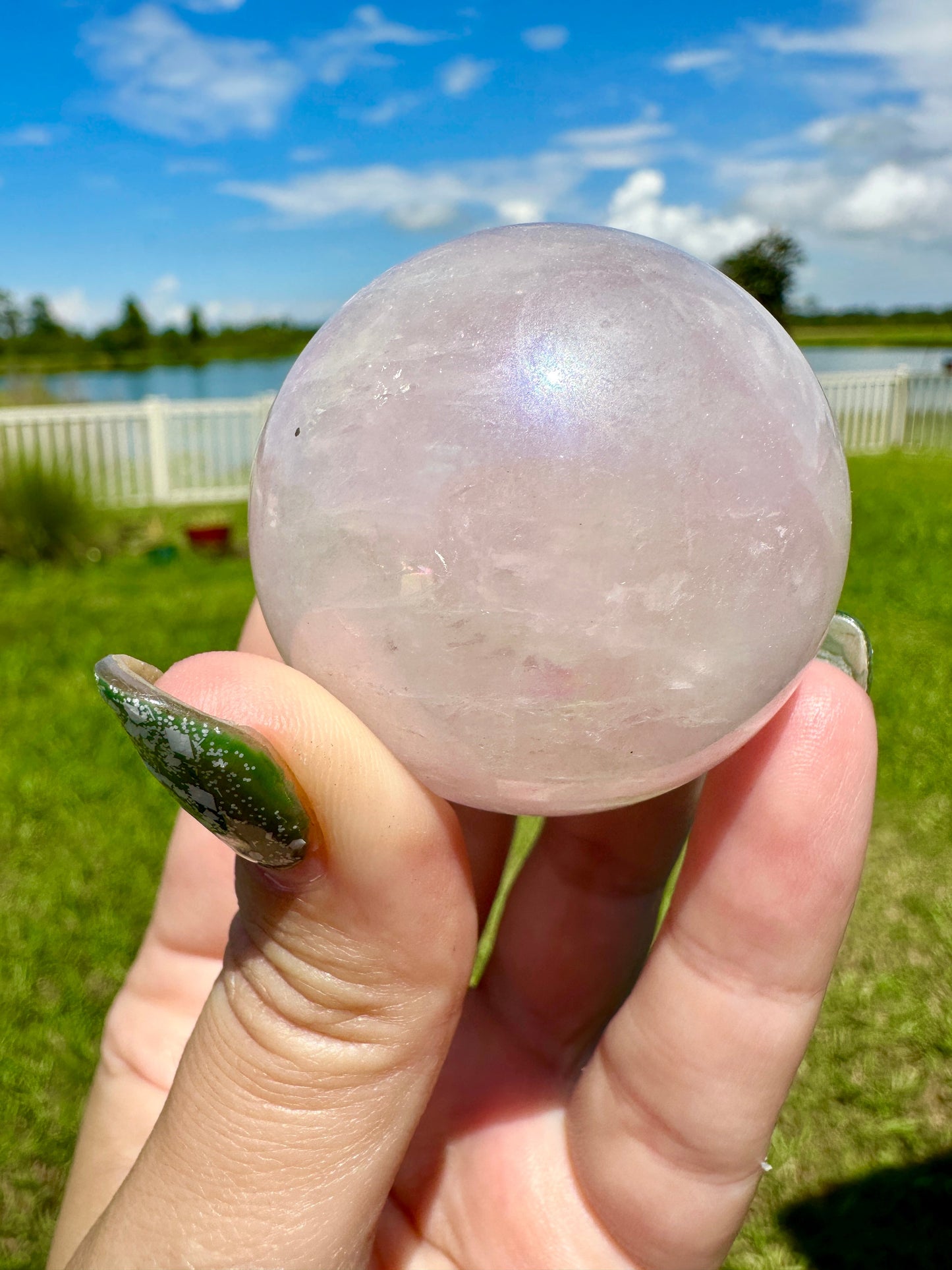 Dazzling Aura Coated Rose Quartz Sphere 44.9mm - A Mesmerizing Blend of Love and Healing Energy for Home or Office Decor