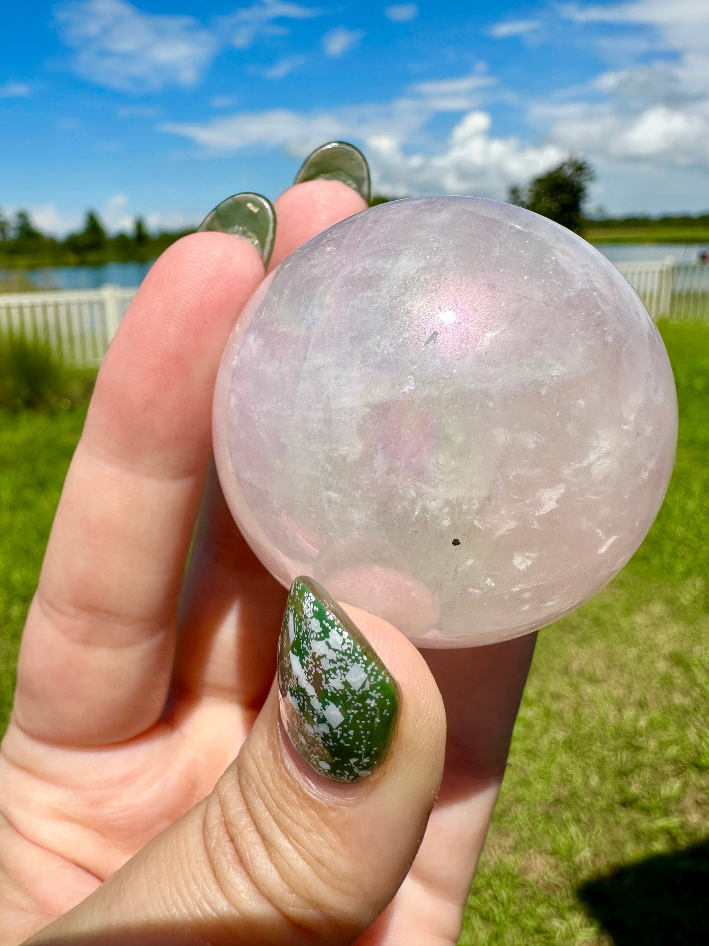 Dazzling Aura Coated Rose Quartz Sphere 44.9mm - A Mesmerizing Blend of Love and Healing Energy for Home or Office Decor