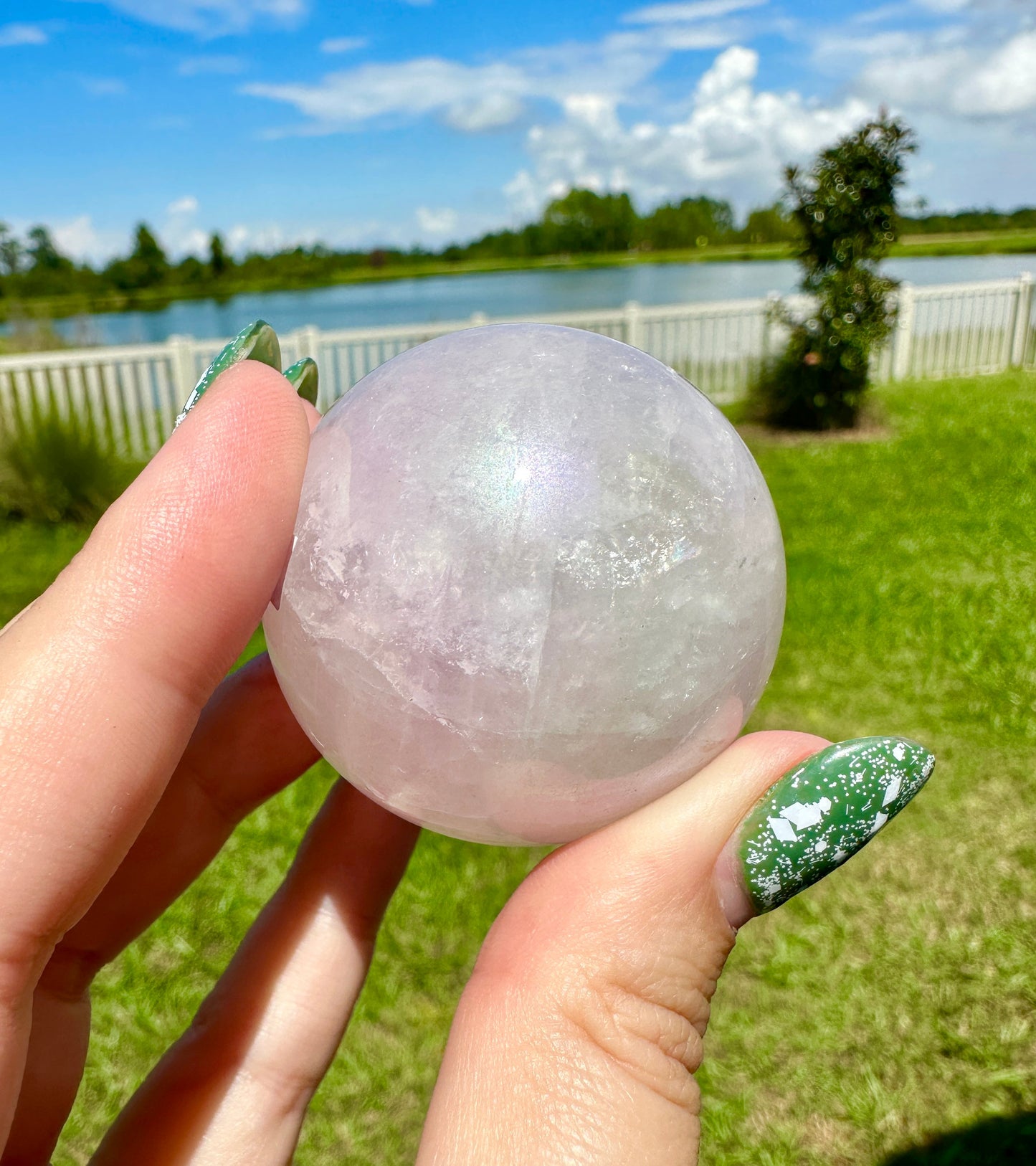 Dazzling Aura Coated Rose Quartz Sphere 44.9mm - A Mesmerizing Blend of Love and Healing Energy for Home or Office Decor
