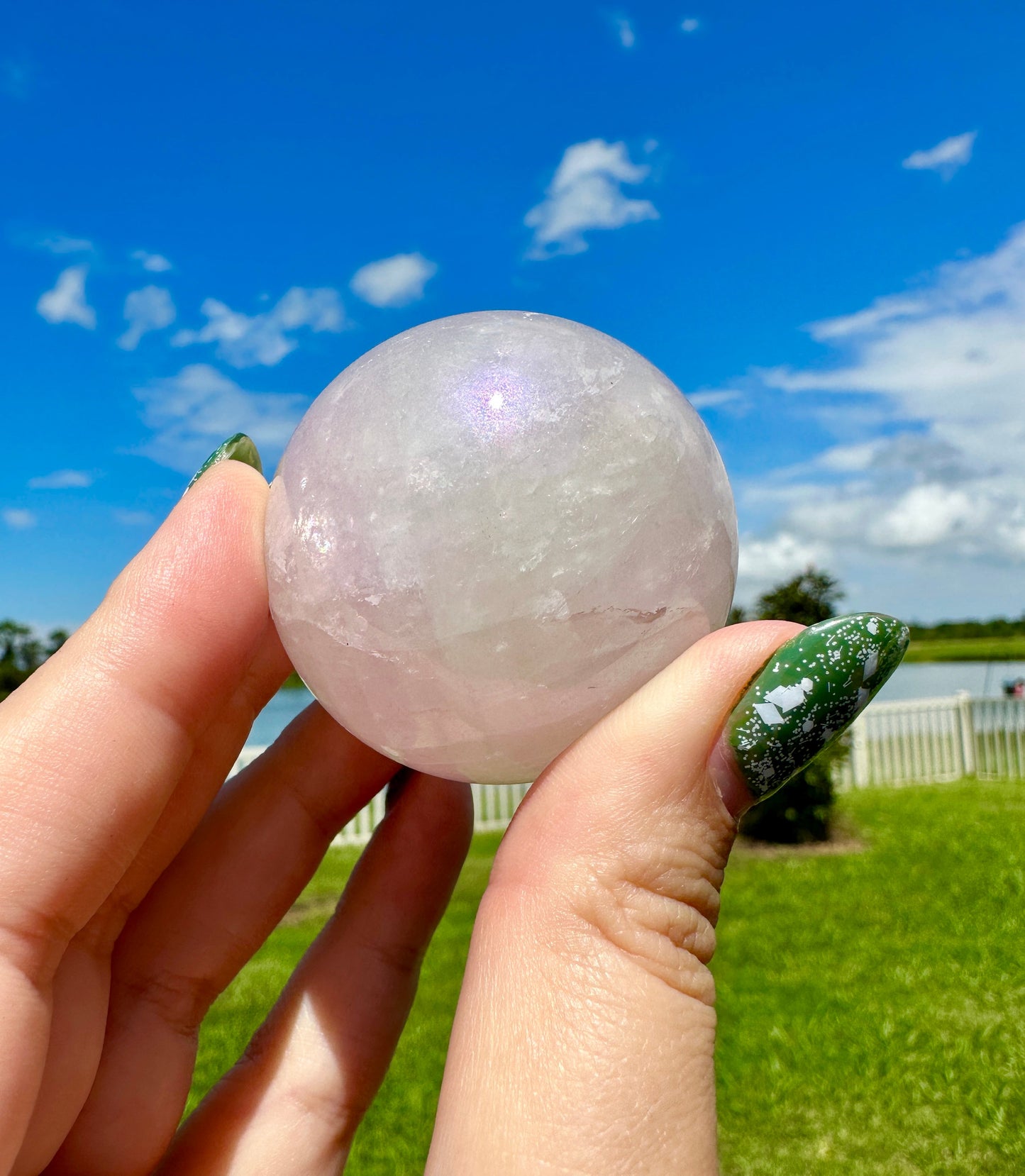 Dazzling Aura Coated Rose Quartz Sphere 44.9mm - A Mesmerizing Blend of Love and Healing Energy for Home or Office Decor