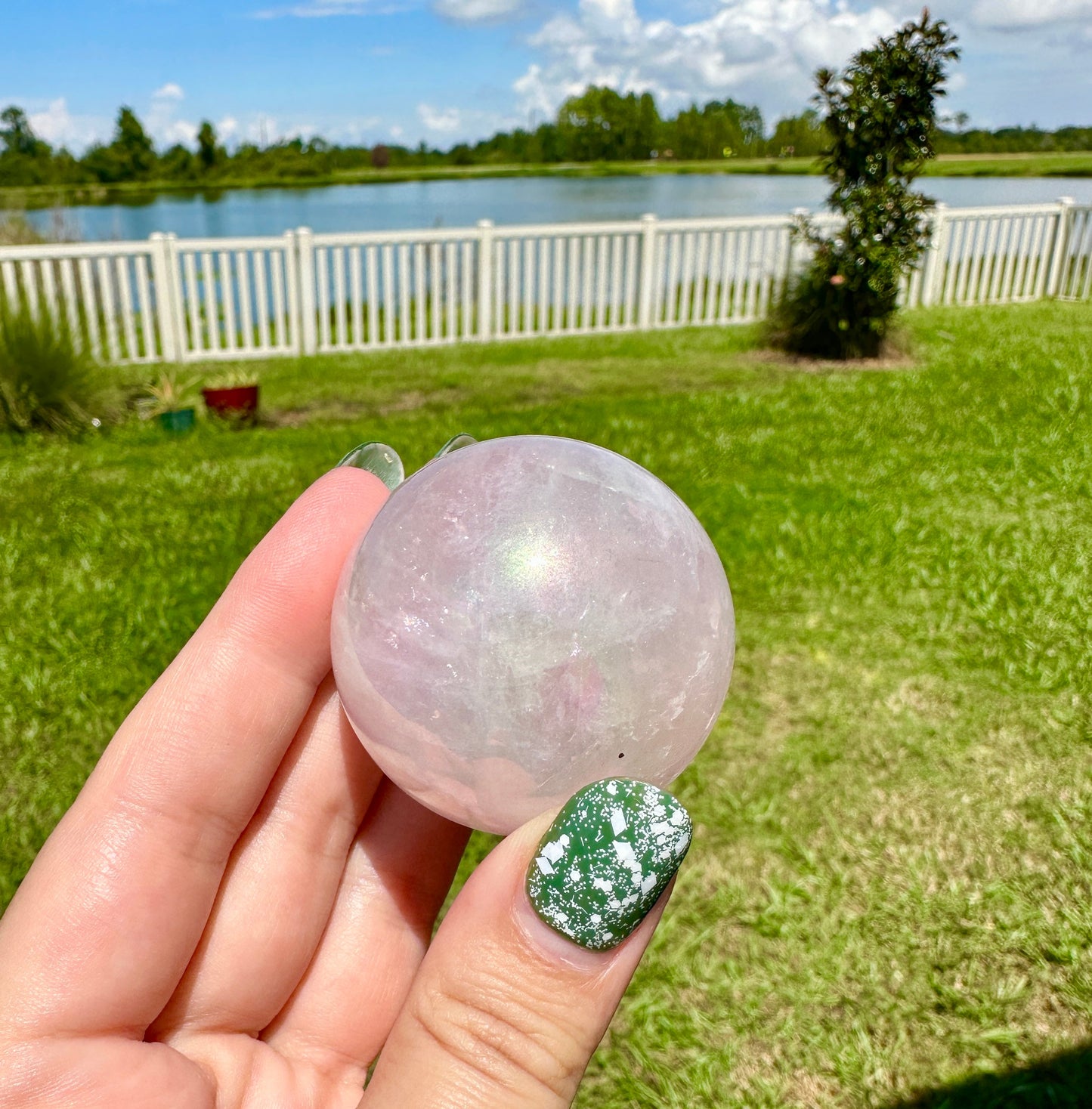 Dazzling Aura Coated Rose Quartz Sphere 44.9mm - A Mesmerizing Blend of Love and Healing Energy for Home or Office Decor